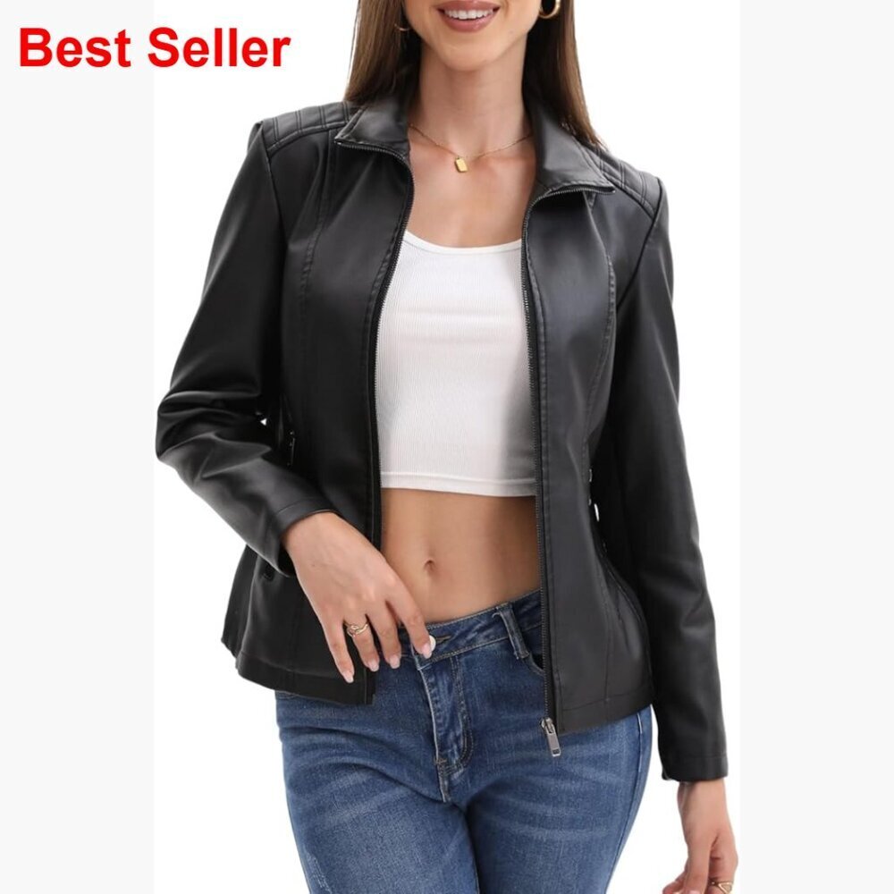 Faux Leather Motorcycle Jacket with Quilted Shoulders and Zipper Pockets